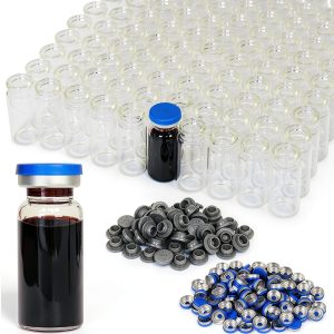 Chudeng 10ml Clear Glass Vials-2-1/2 Dram Clear Glass Headspace Vials with Plastic-Aluminum Flip Caps and Rubber Injection Stoppers, 100 Pack, 20mm Flat Bottom Lab Vial-0